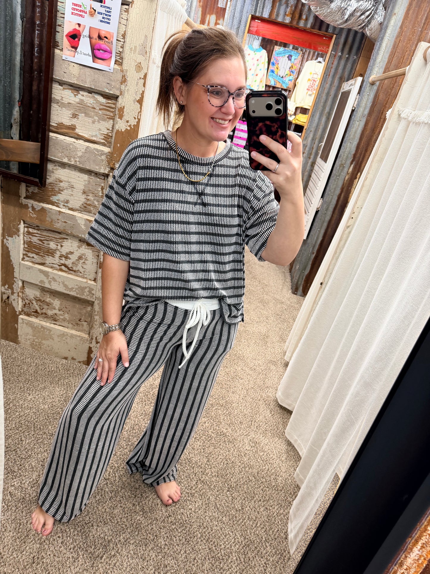 Door Buster Black Striped Knit Top & Wide Leg Pants Set
