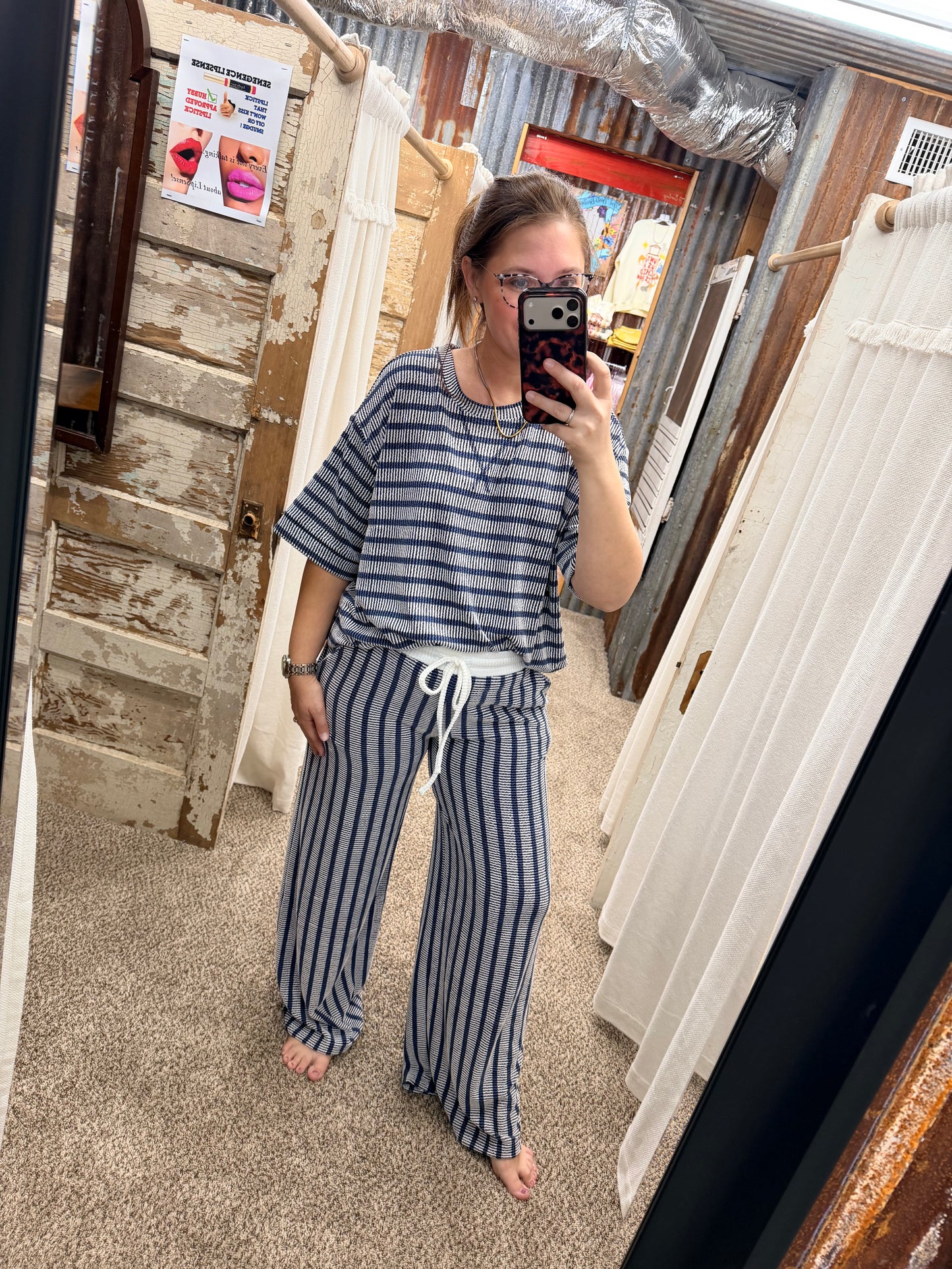 Door Buster Navy Striped Knit Top & Wide Leg Pants Set