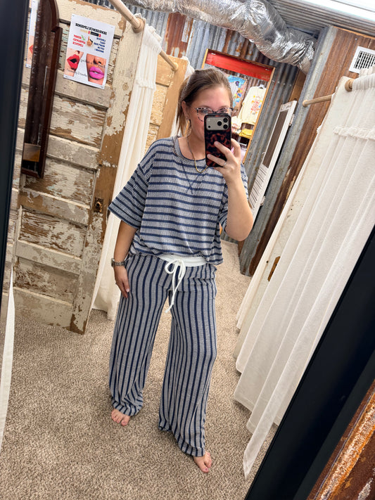 Door Buster Navy Striped Knit Top & Wide Leg Pants Set