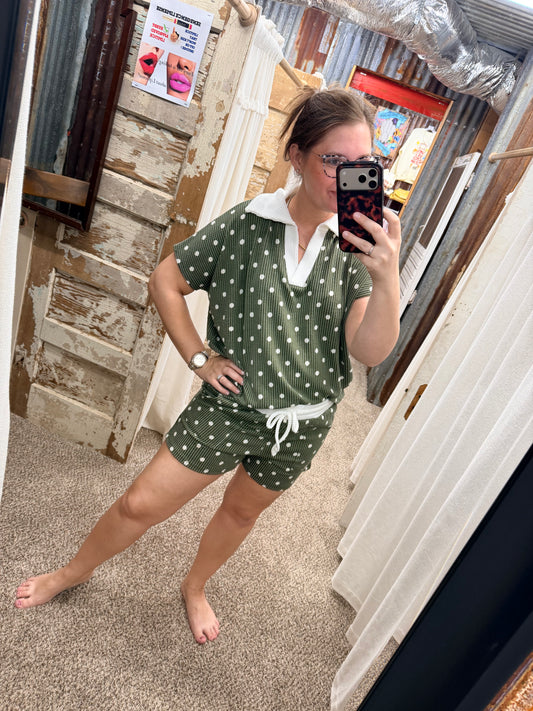 Door Buster Olive Polka Dot Collared Top & Shorts Set