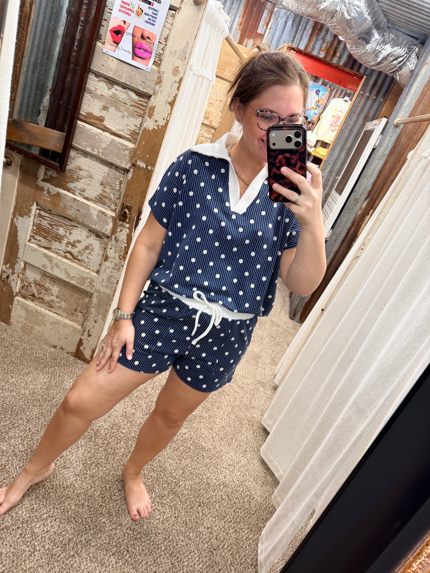 Door Buster Navy Polka Dot Collared Top & Shorts Set