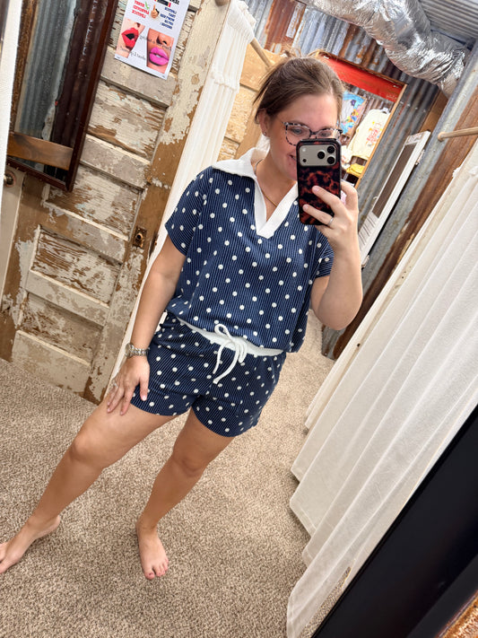 Door Buster Navy Polka Dot Collared Top & Shorts Set