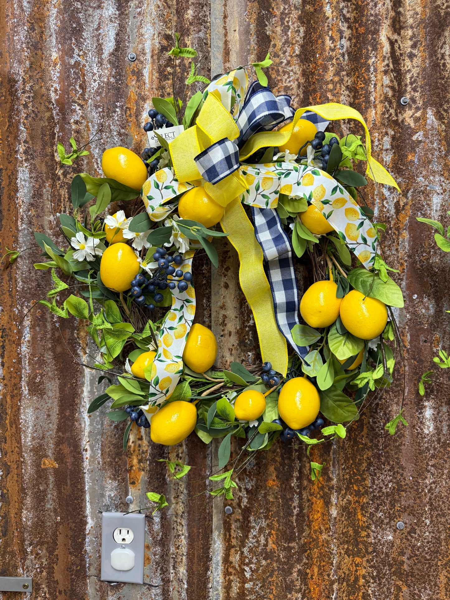 Lemon, Blossom & Blueberry, Wreath, 24", Yellow/Cream/Blue