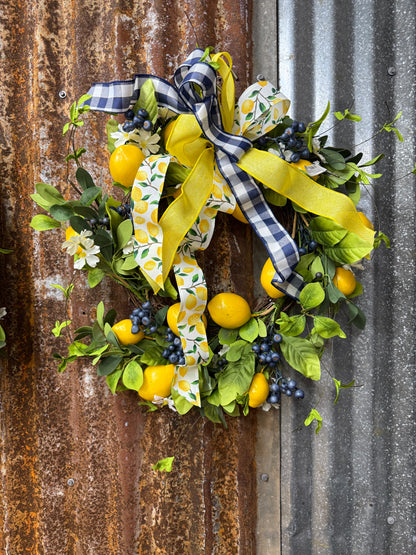 Lemon, Blossom & Blueberry, Wreath, 24", Yellow/Cream/Blue