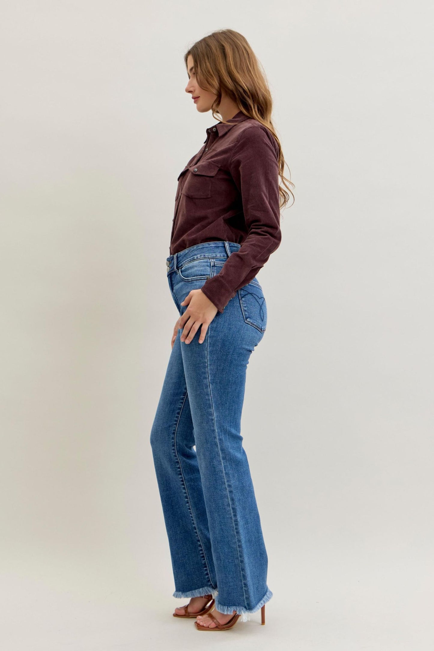 Judy Blue High Waist Bootcut Double Button WB & Fray Hem 82686