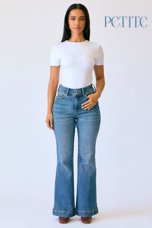 Judy Blue PETITE High Waist Flare Tummy Control Double Button WB