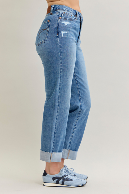 Judy Blue HW BF Criss-Cross Mild Destroy Single Cuff Jeans 881003