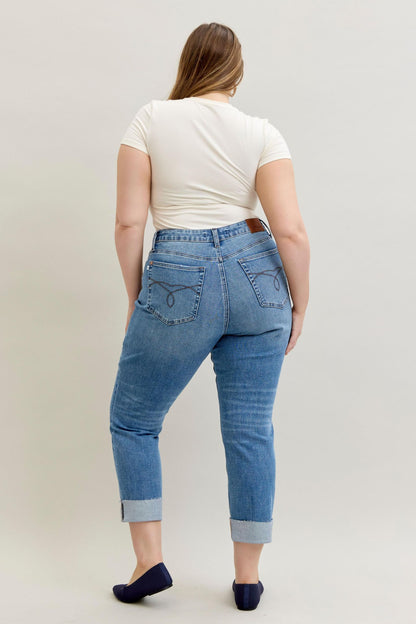 Judy Blue HW BF Criss-Cross Mild Destroy Single Cuff Jeans 881003