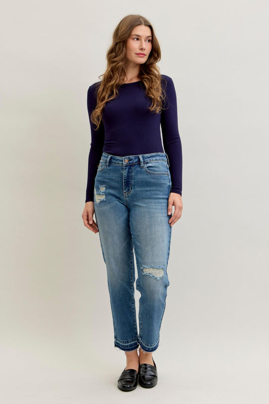 Judy Blue Mid Rise Patch & Repair Destroy Release Hem Jeans 881045