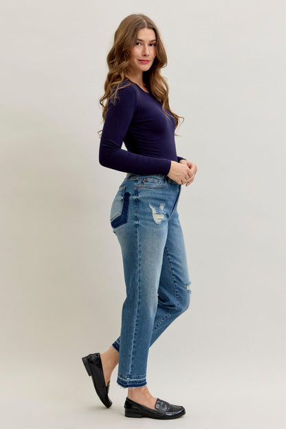Judy Blue Mid Rise Patch & Repair Destroy Release Hem Jeans 881045