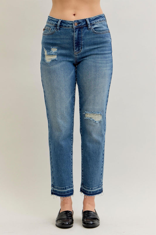 Judy Blue Mid Rise Patch & Repair Destroy Release Hem Jeans 881045
