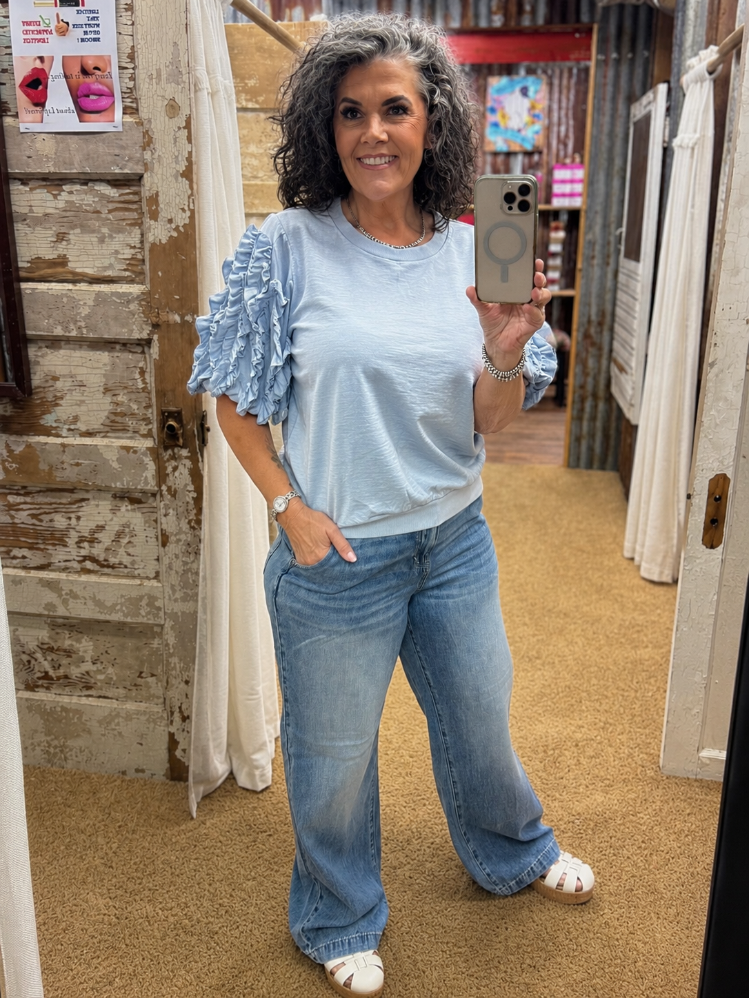 Dusty Blue Ruffled Mineral Wash Top