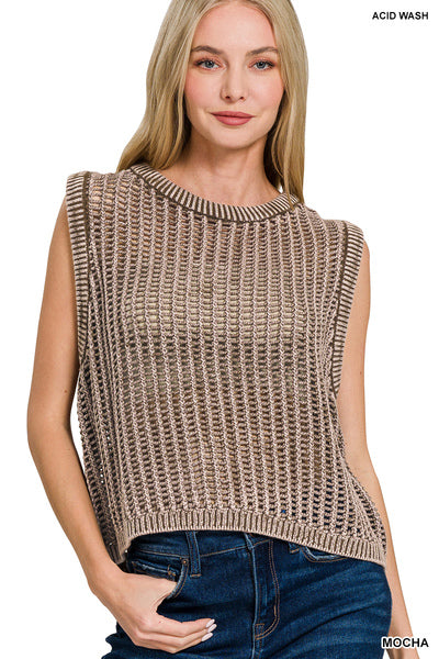 Mocha Acid Washed Fishnet Sweater Vest