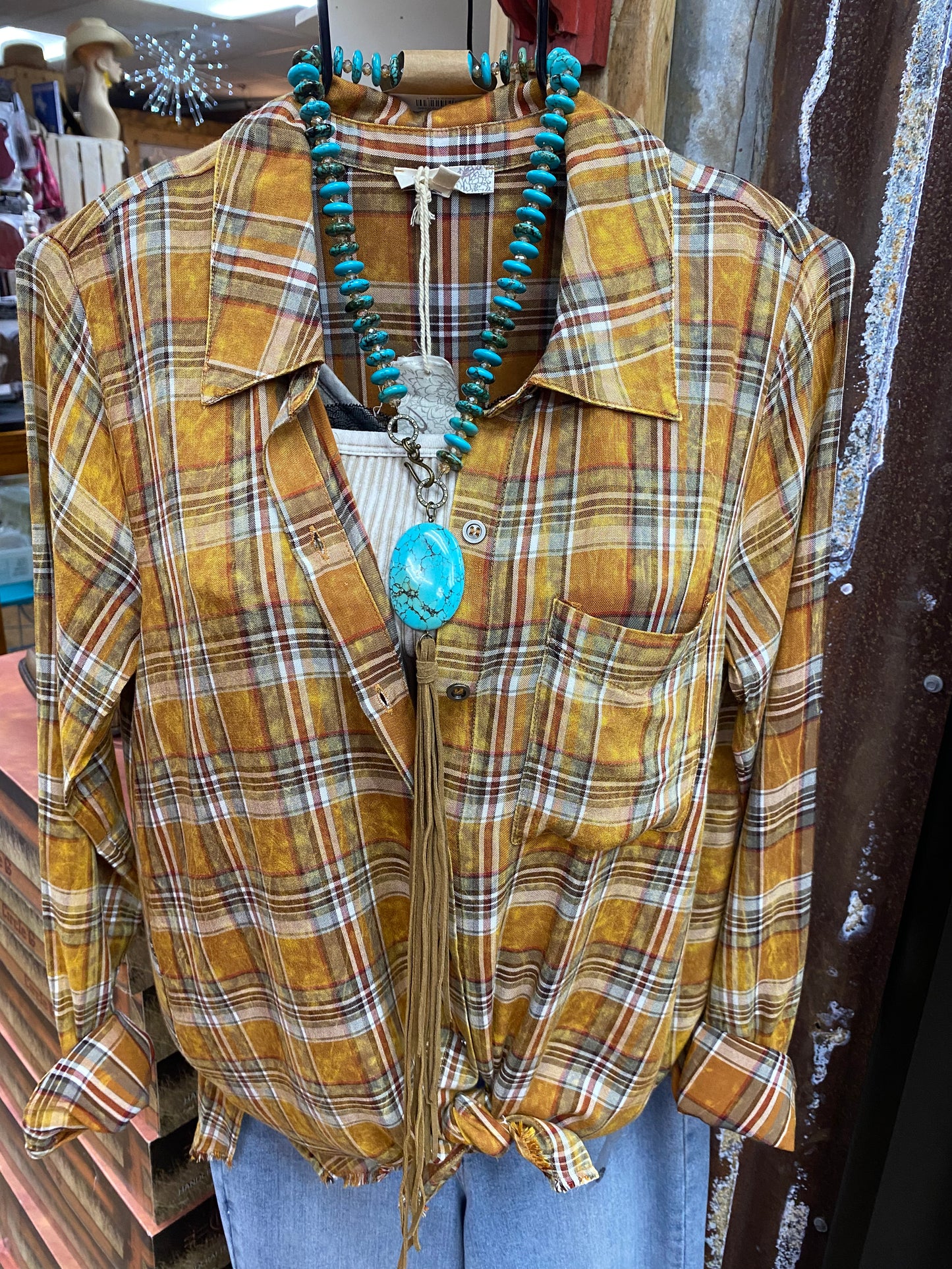 Strung Turquoise Necklace w/ Leather Tassel