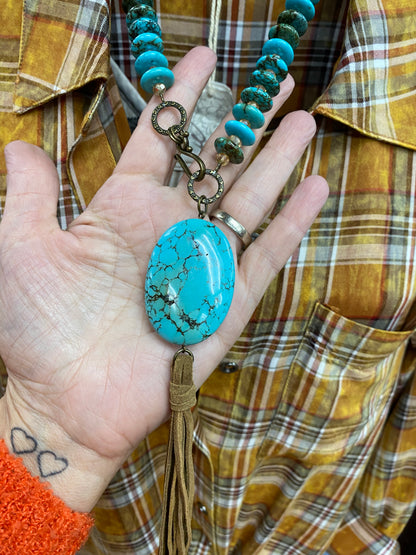 Strung Turquoise Necklace w/ Leather Tassel