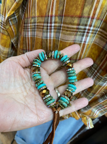 Disc Turquoise & Brown Mix Stretch Bracelet