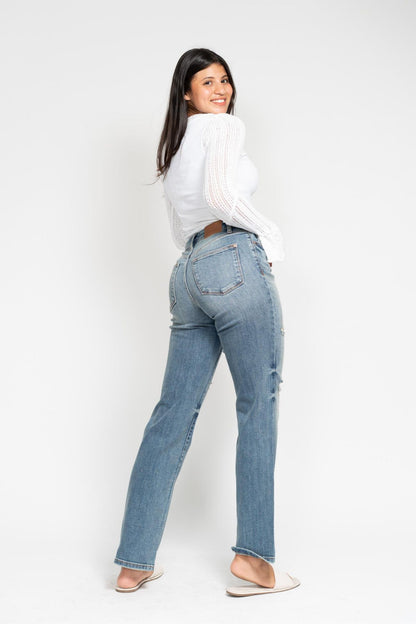 Judy Blue High Waist Dad Straight W/ Harsh Tint & Destress Jean 82641