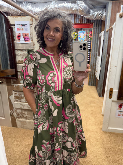 Olive Paisley Midi Dress