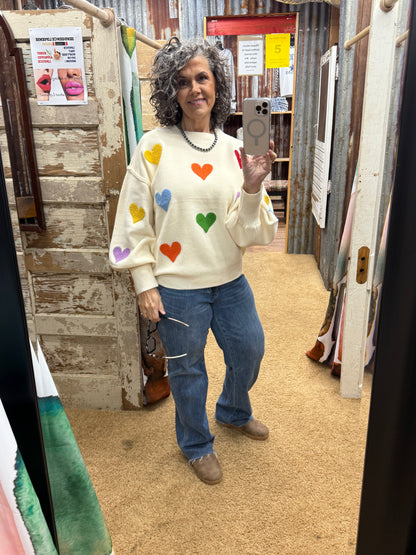 Heart Shaped Patterns Front Round Neck Sweater