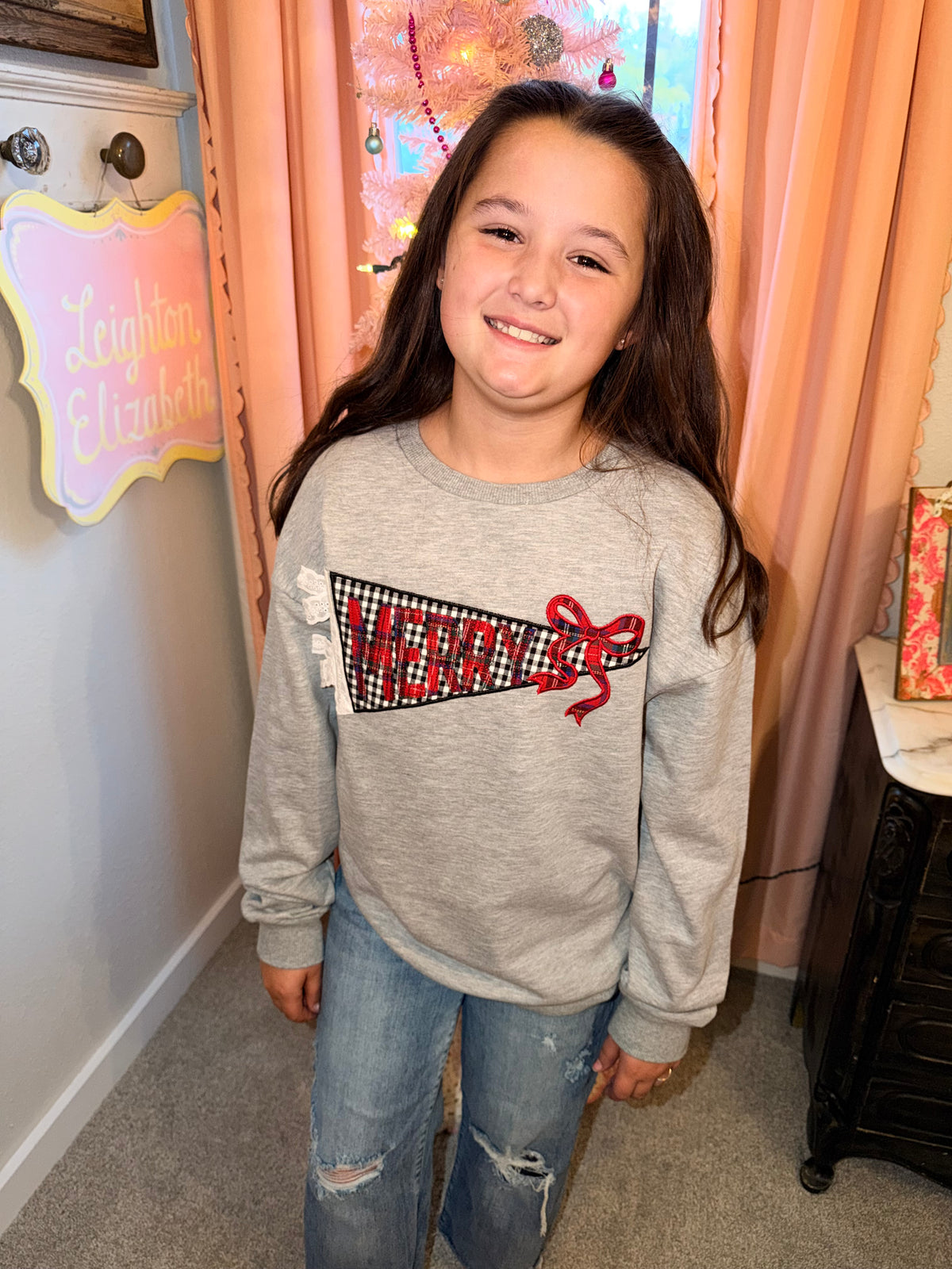 Youth Gray Holiday Applique Crewneck Sweatshirt