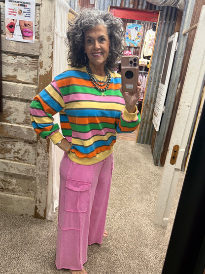 Mineral Washed Terry Stripe Pullover: HONEY COMBO