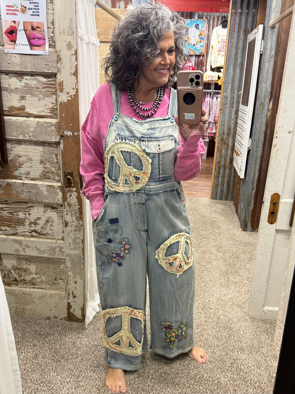 BLUEVELVET Peace Patchwork Embroidered Denim Bib Overalls