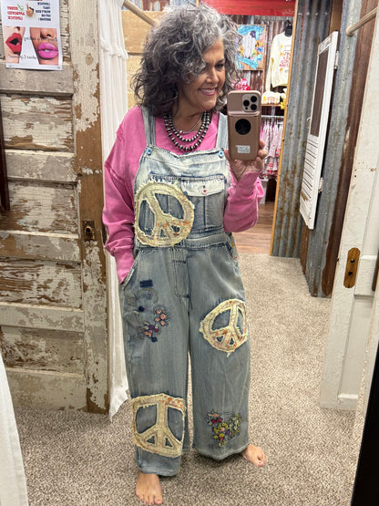 BLUEVELVET Peace Patchwork Embroidered Denim Bib Overalls