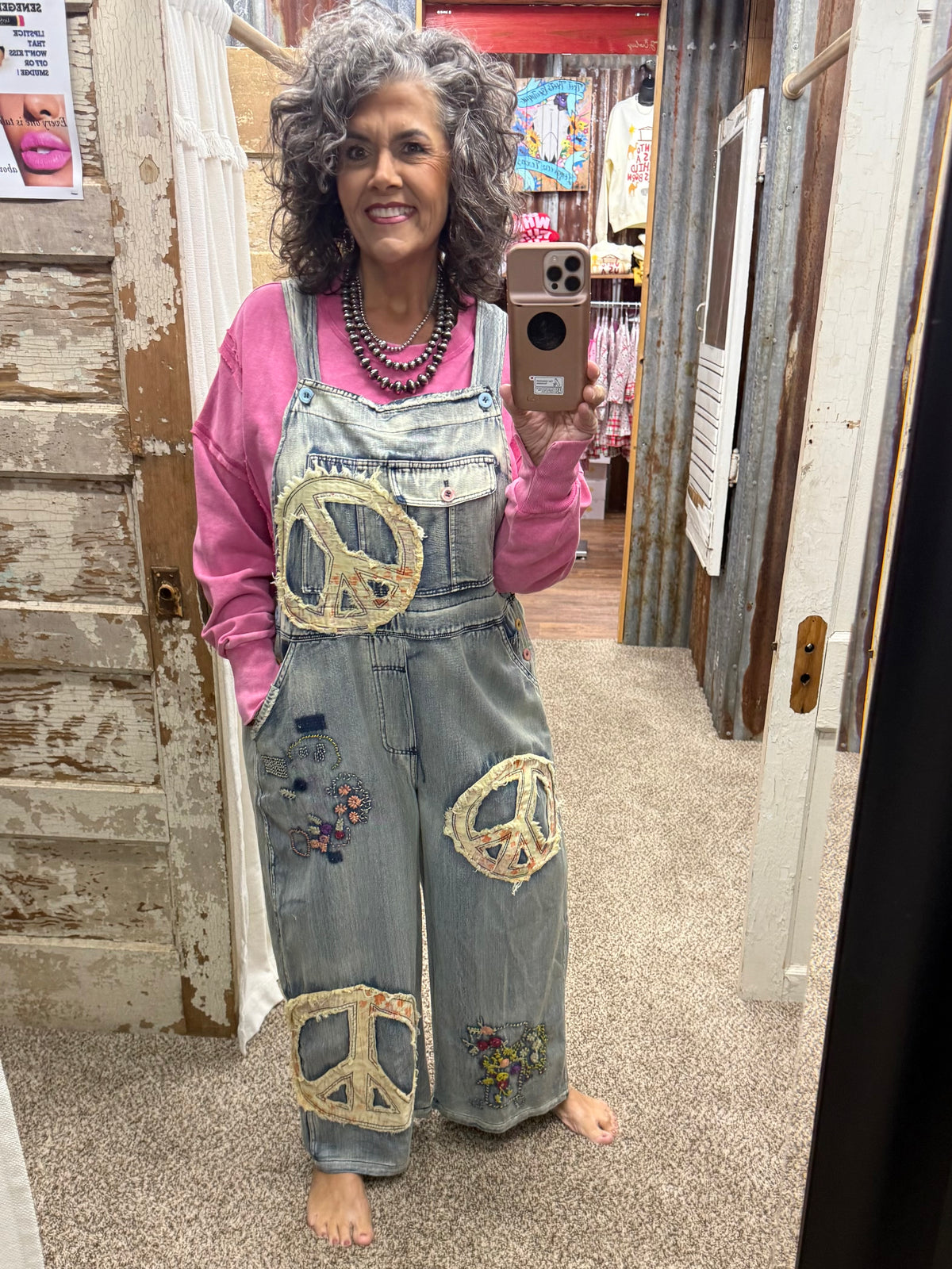BLUEVELVET Peace Patchwork Embroidered Denim Bib Overalls