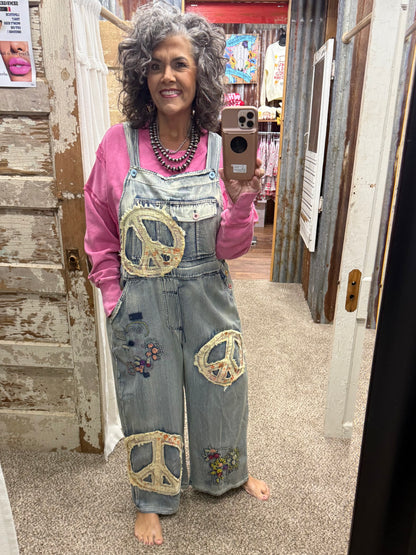 BLUEVELVET Peace Patchwork Embroidered Denim Bib Overalls