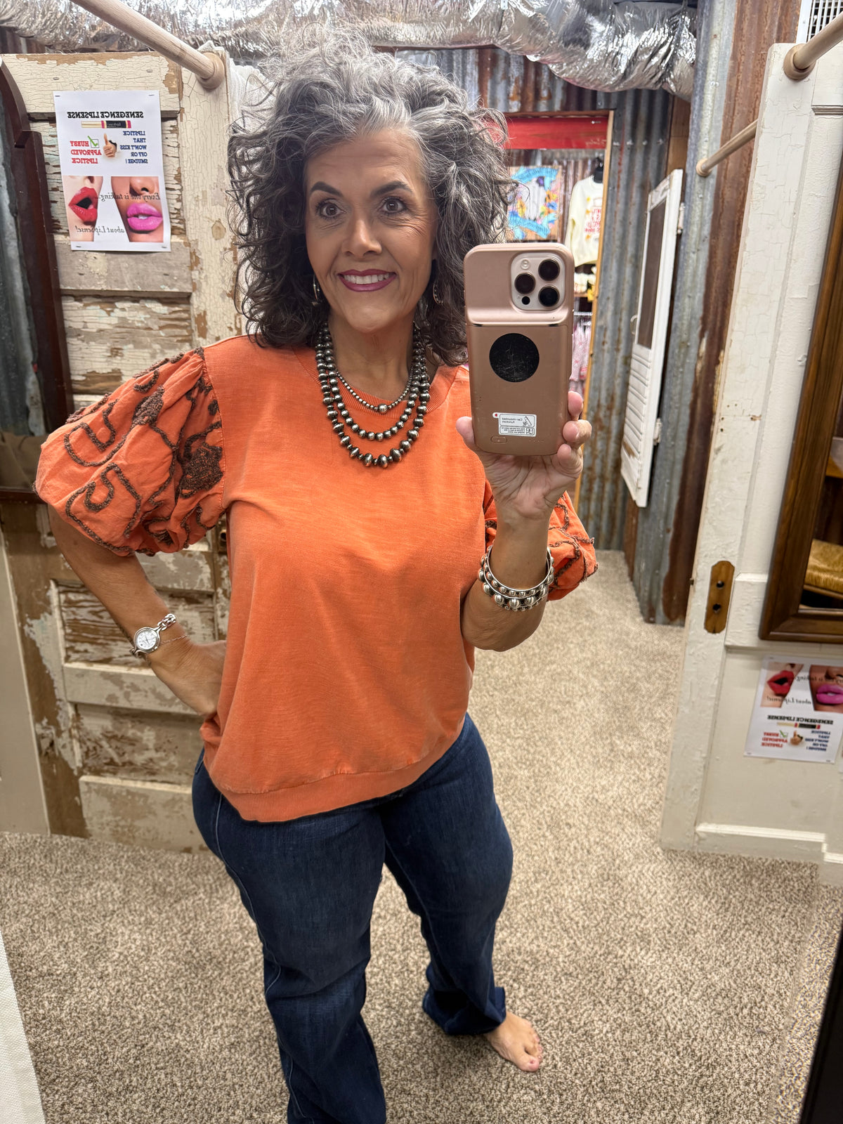 Easel Bubble Sleeve Mineral Wash Top - Persimmon