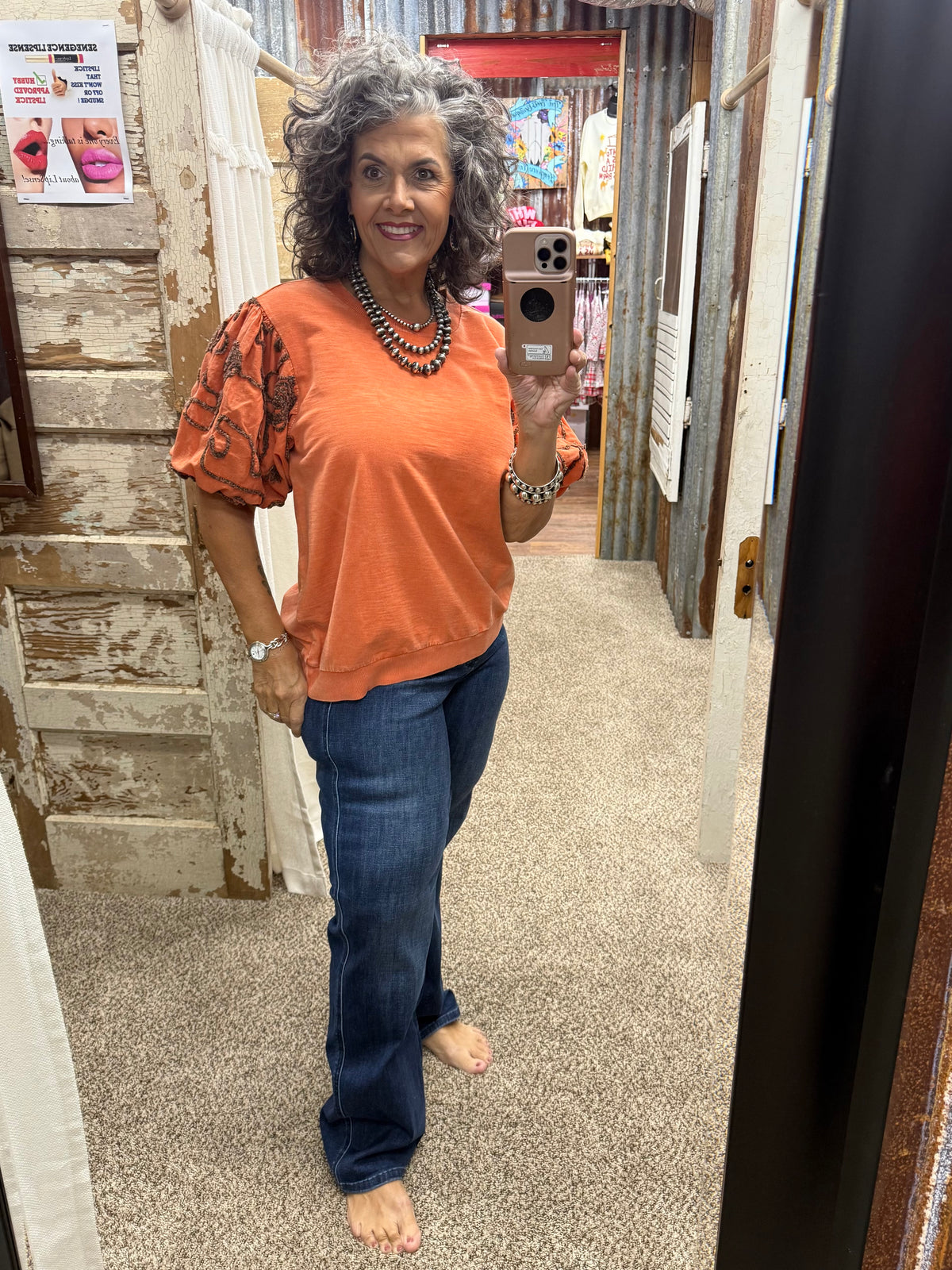 Easel Bubble Sleeve Mineral Wash Top - Persimmon