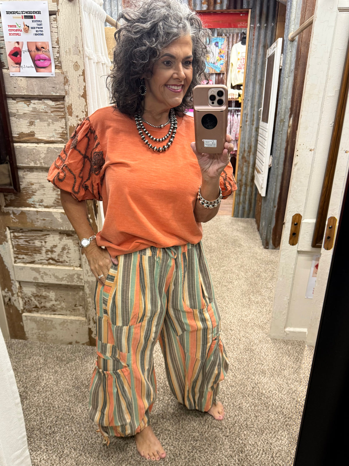 Easel Bubble Sleeve Mineral Wash Top - Persimmon