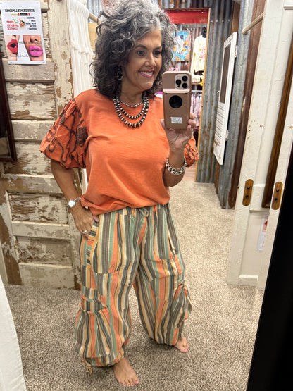 Easel Bubble Sleeve Mineral Wash Top - Persimmon