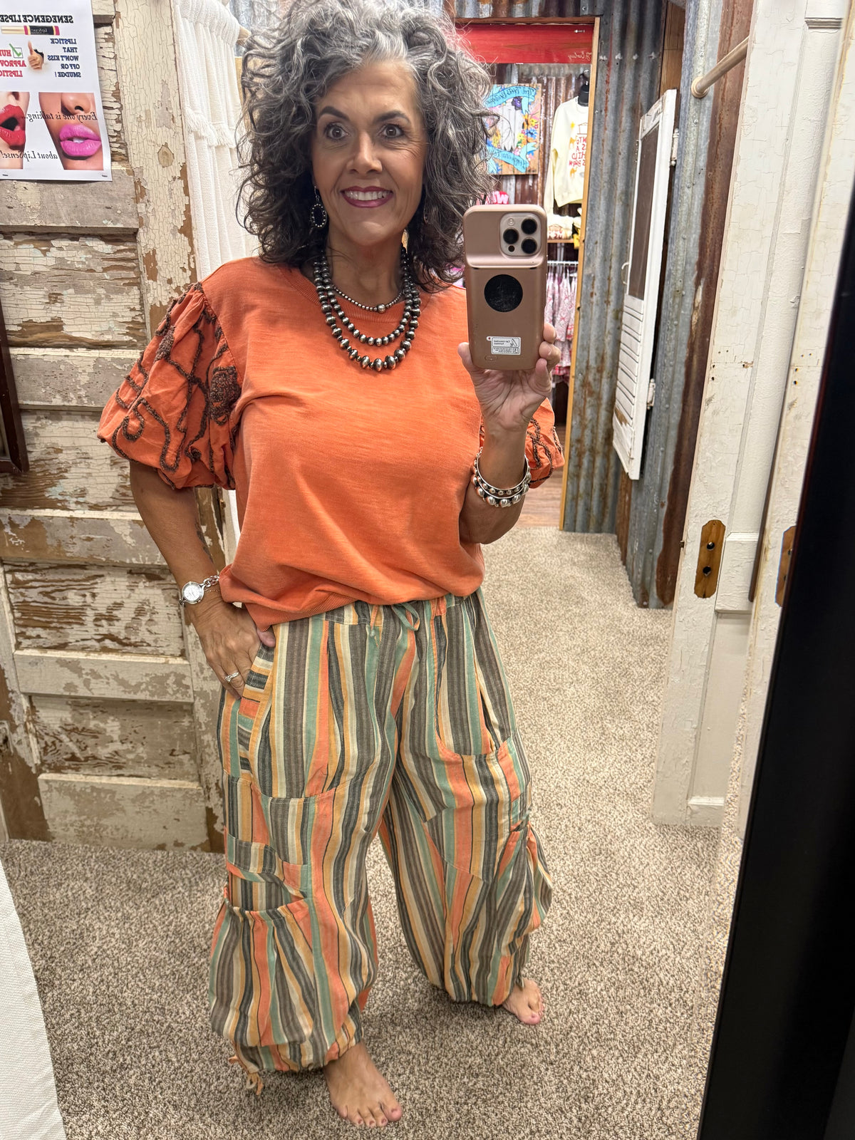 Easel Bubble Sleeve Mineral Wash Top - Persimmon