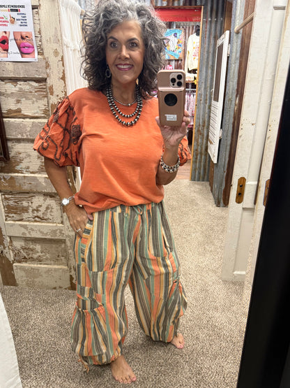 Easel Bubble Sleeve Mineral Wash Top - Persimmon