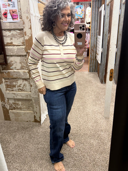 Staccato Multi Color Stripe Half-Button Raglan Pullover - Oatmeal/Pink