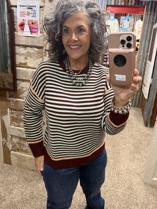 AnnieWear Piping Detail Textured Stripe Sweater - Wine Multi