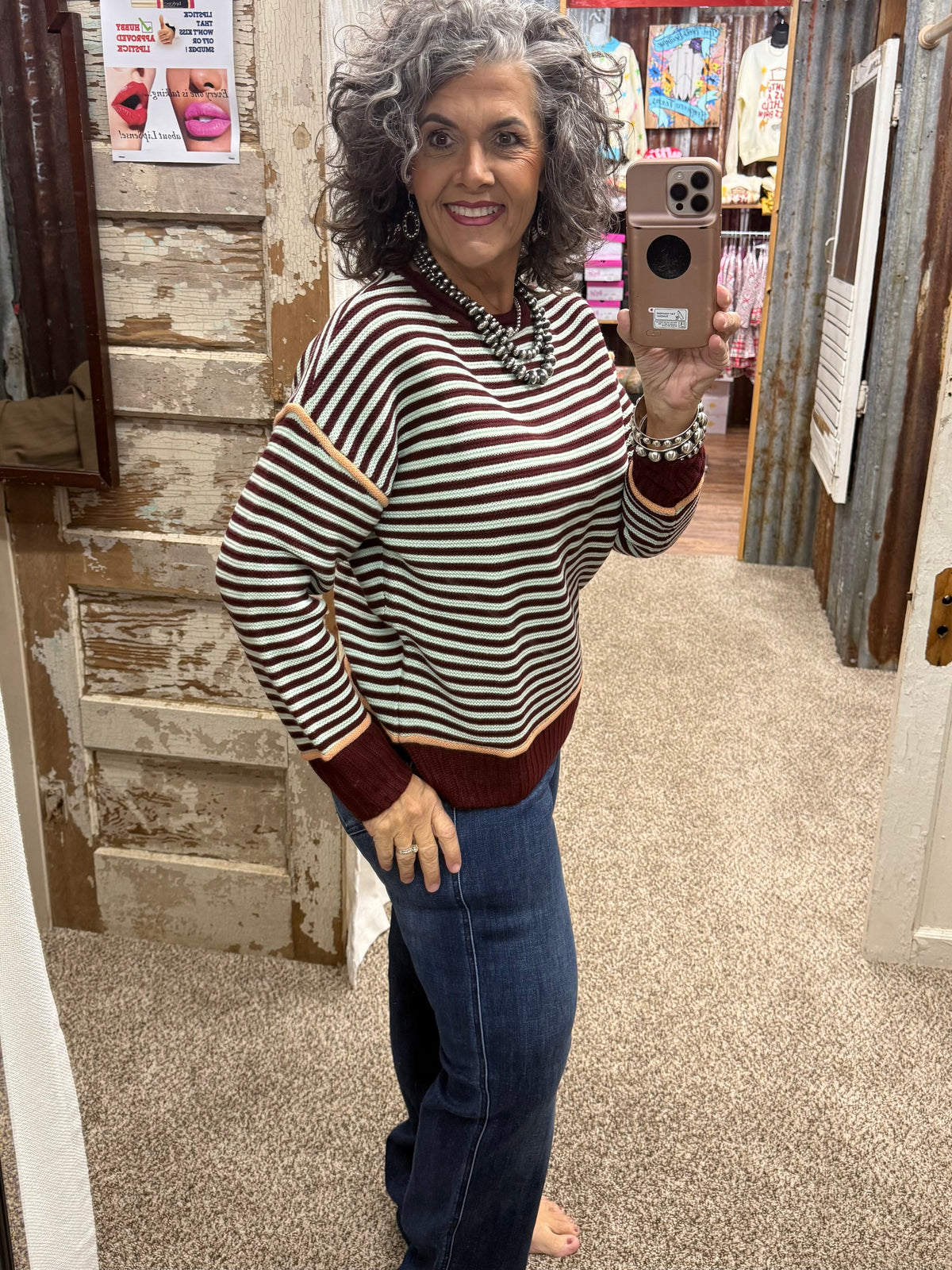 AnnieWear Piping Detail Textured Stripe Sweater - Wine Multi