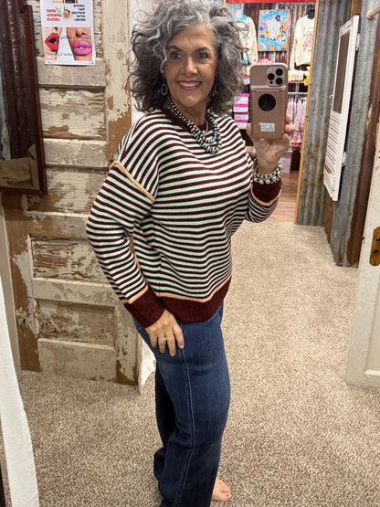 AnnieWear Piping Detail Textured Stripe Sweater - Wine Multi