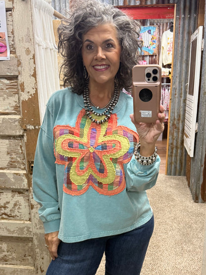 Easel Dusty Blue Floral Patch Washed Terry Pullover