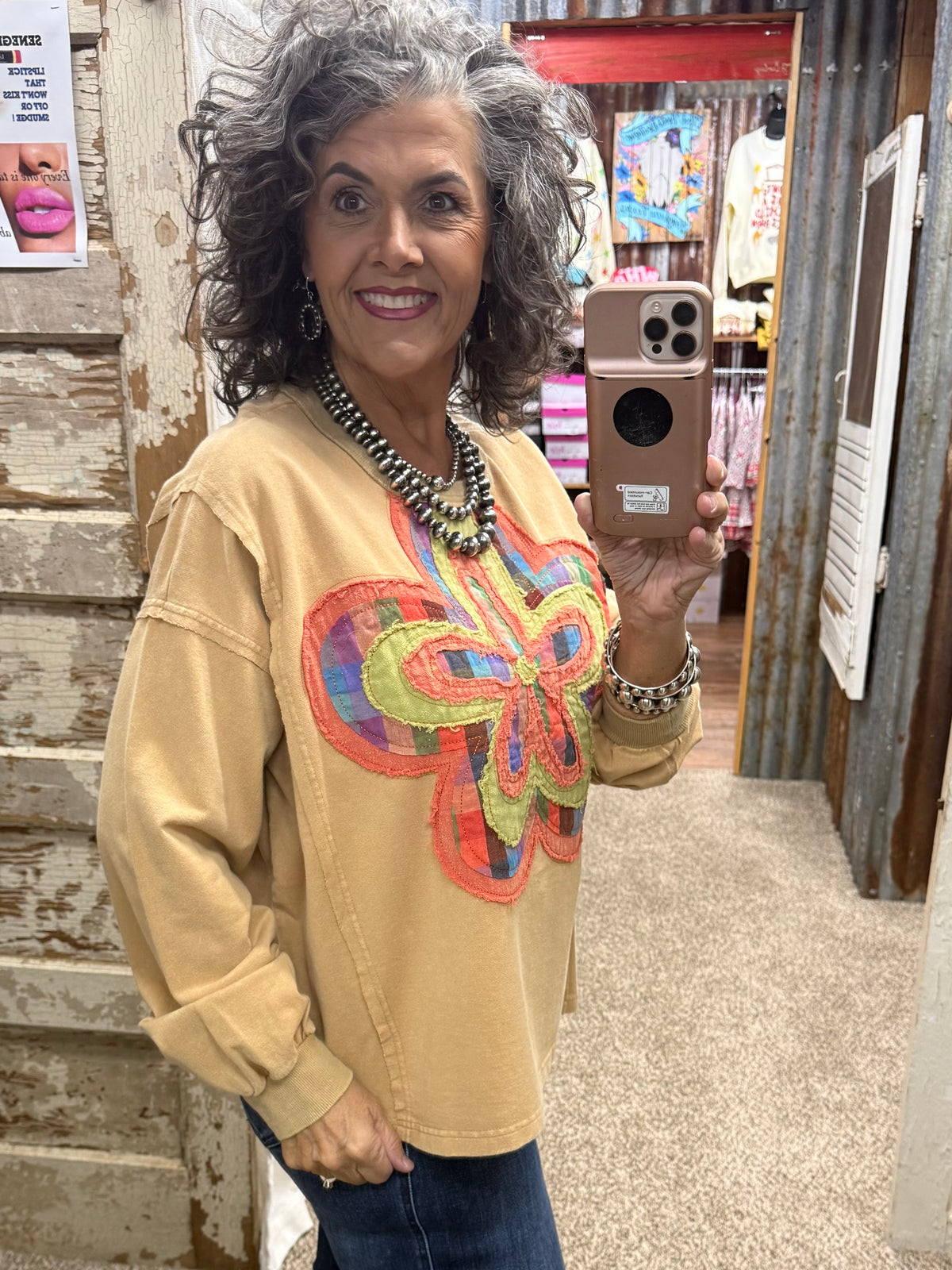 Easel Almond Floral Patch Washed Terry Pullover