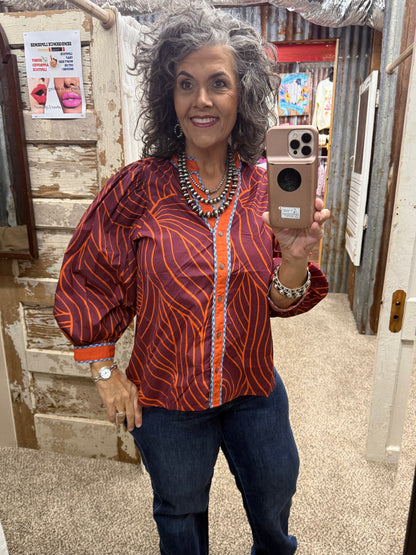 ENTRO Autumn Ember Burgundy Abstract Leaf Print Top 🍂