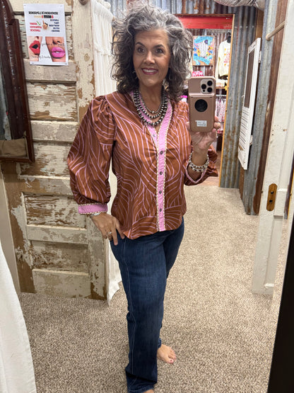 ENTRO Autumn Ember Cocoa Abstract Leaf Print Top 🍂
