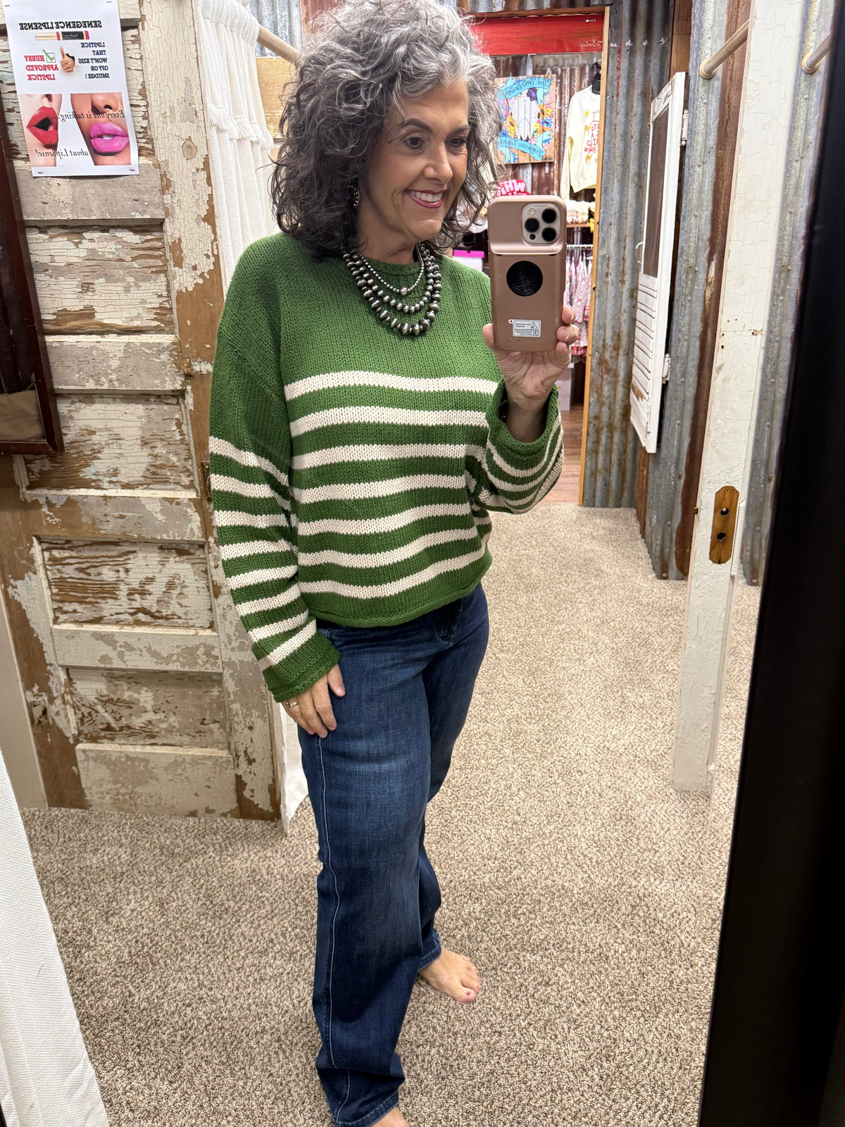Olive & Oatmeal Striped Loose Fit Crew Neck Sweater Top