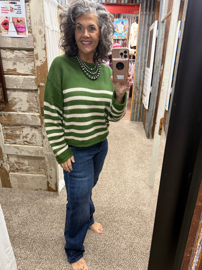 Olive & Oatmeal Striped Loose Fit Crew Neck Sweater Top