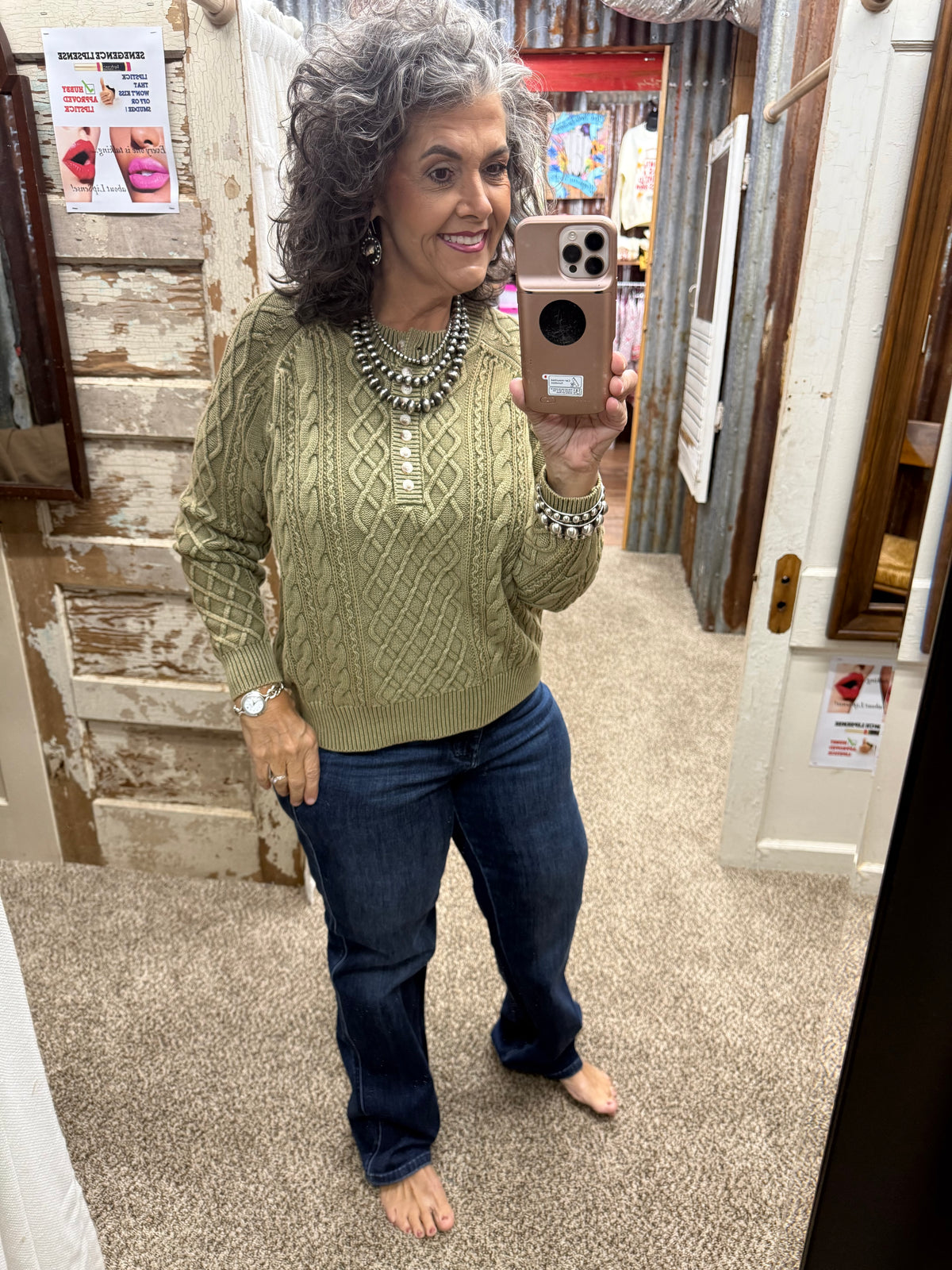 Vintage Olive Mineral Washed Cable Knit Henley Sweater Top