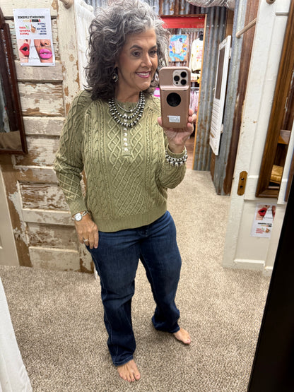 Vintage Olive Mineral Washed Cable Knit Henley Sweater Top