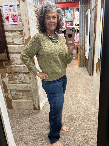 Vintage Olive Mineral Washed Cable Knit Henley Sweater Top