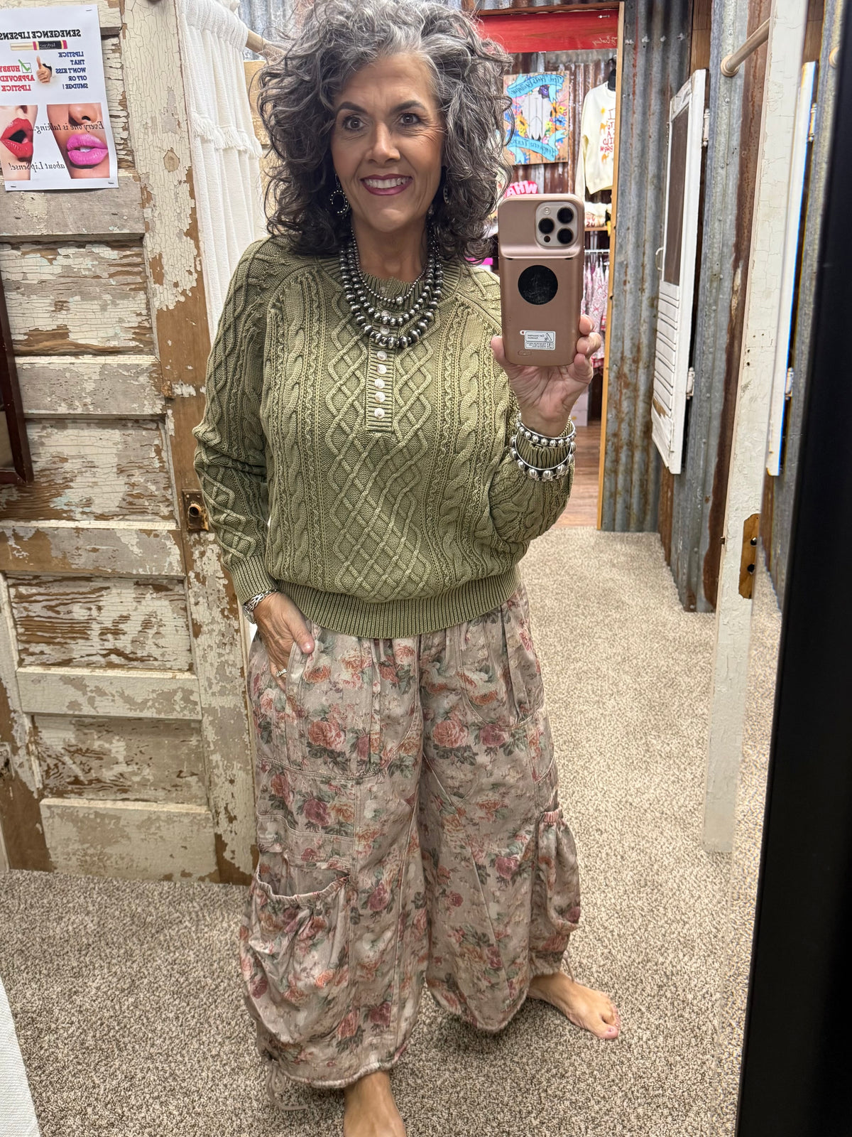 Vintage Olive Mineral Washed Cable Knit Henley Sweater Top