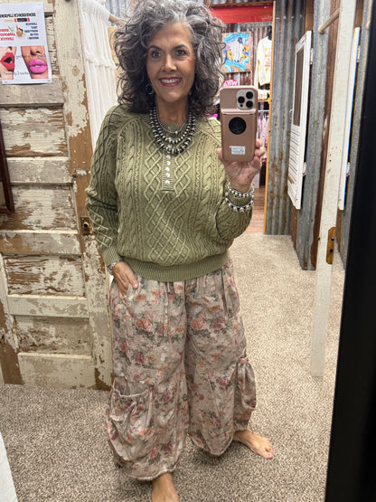 Vintage Olive Mineral Washed Cable Knit Henley Sweater Top